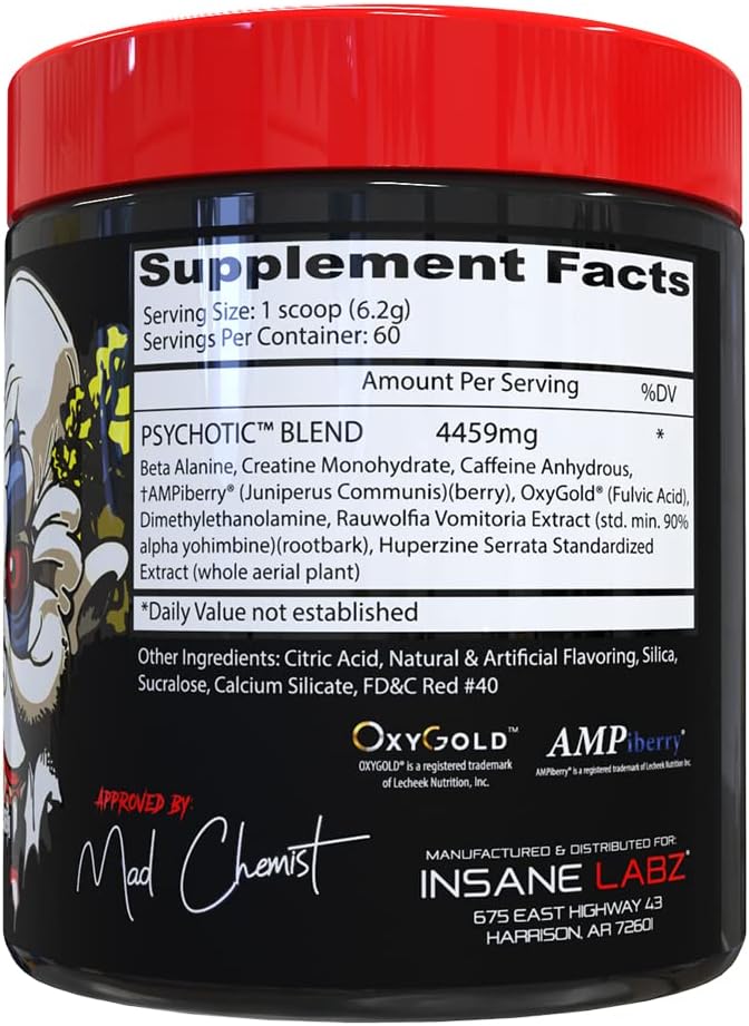 Insane Labz Psychotic, High Stimulant Pre Workout Powder, Extreme Lasting Energy, Focus and Endurance with Beta Alanine, Creatine Monohydrate, DMAE, 60 Srvgs, Fruit Punch