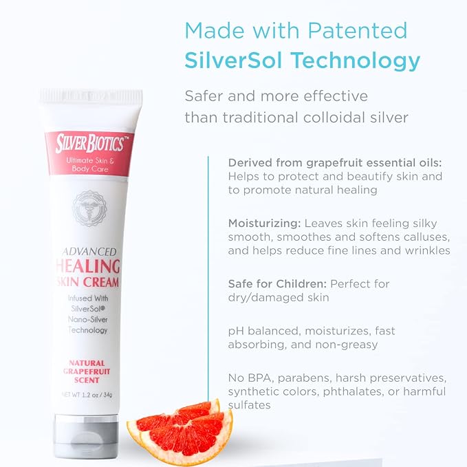 Silver Biotics Advanced Skin Cream | Grapefruit Scent | Lotion Infused with SilverSol and Hyaluronic Acid | All Natural Ingredients to Heal, Smooth Your Skin Blemishes and Scars | 1.2 oz