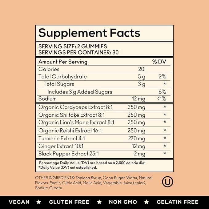 TrueMushroom - Immunity, Focus & Memory, Energy Mushroom Gummies with Lion’s Mane, Cordyceps, Reishi, Shiitake All-Natural Supplement with Ginger & Turmeric. Ginger Mango Flavor (60 Count)