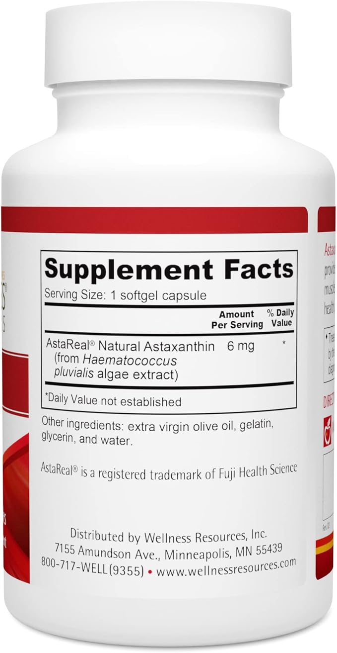 Wellness Resources Astaxanthin 6mg 90 caps AstaReal for Eyes, Skin, Immunity - USA Grown Natural Astaxanthin, Non-GMO