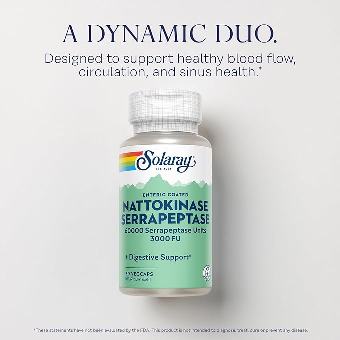 SOLARAY Nattokinase Serrapeptase Supplement - Enteric Coated - 3000 FU Nattokinase Supplement - Circulation, Cardiovascular, Sinus Support - Lab Verified, 60-Day Guarantee - 30 Servings, 30 VegCaps