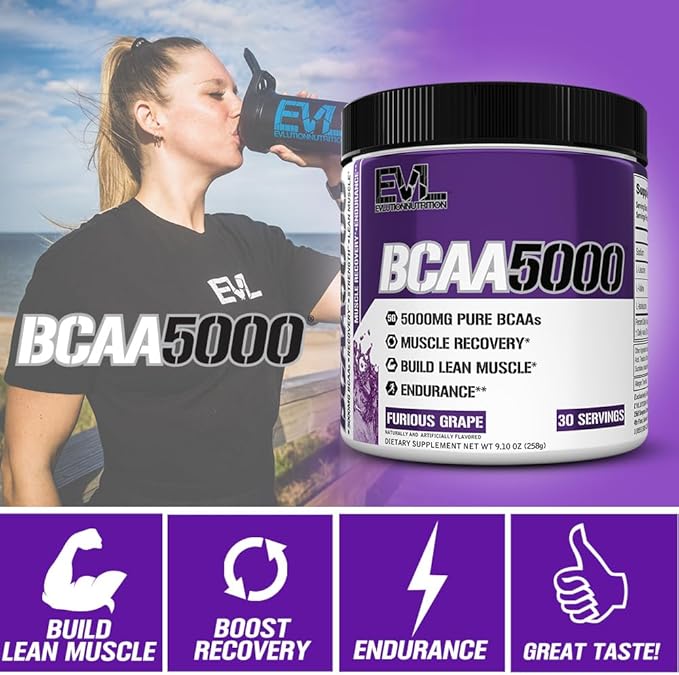 EVL BCAAs Amino Acids Powder - BCAA Powder Post Workout Recovery Drink and Stim Free Pre Workout Energy Drink Powder - 5g Branched Chain Amino Acids Supplement for Men - Furious Grape