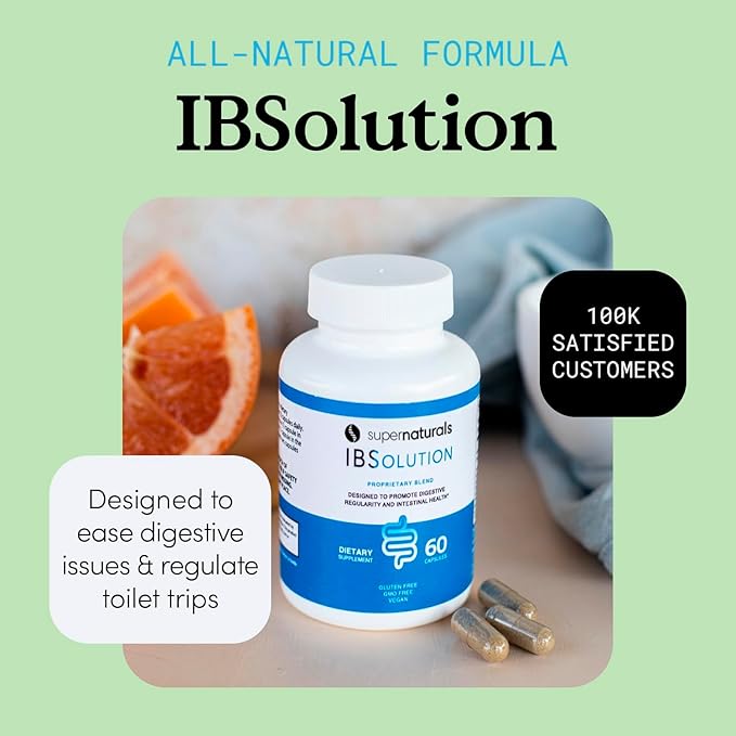 SuperNaturals IBSolution - Made in USA, Non-GMO, Gluten Free & Vegan (60 Capsules) - for Symptoms of IBS (Bloating, Constipation, Gas, Diarrhea, Abdominal Pain)