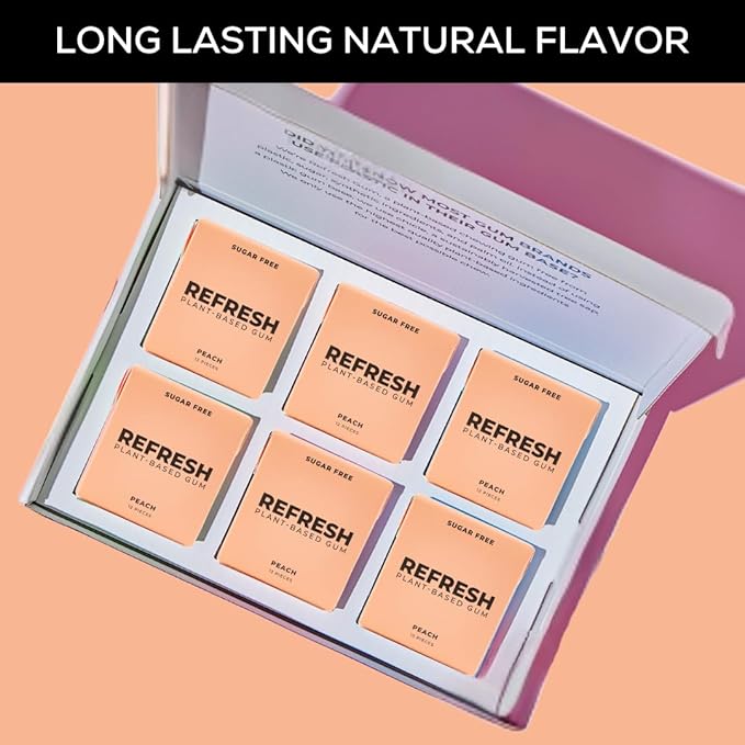 Refresh Gum, Xylitol, Natural, Sugar Free, Aspartame Free, Plastic Free, Natural Flavors & Organic Ingredients, Plant-Based, Low Calorie, Non GMO, Gluten Free, Vegan, Peach Flavor, 12 Pieces, 12 Pack