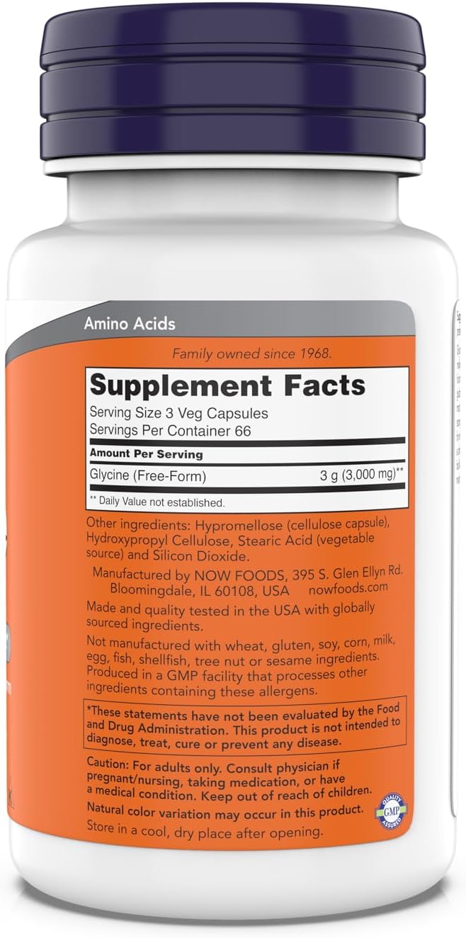 NOW Foods Glycine 1000mg, Free-Form Pharmaceutical Grade, Neurotransmitter Support*, Promotes restful Sleep*, Gluten Free, Vegan, Kosher 200 Vegetarian Capsules (Pack of 1)