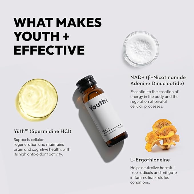 BIGVITA Youth+ | NAD+ Shots for Anti-Aging, Energy, Skin & Hair Health, Cognitive Support | Ready-to-Drink Supplement | Beauty from Within | Vegan, Made in USA