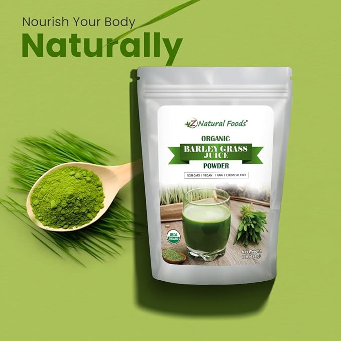 Z Natural Foods Organic Barley Grass Juice Powder - Made in USA, USDA Organic Nutrient-Dense Green Drink Mix for Energy, Detox with Amino Acids - Antioxidant Juice Blend for Water, Smoothies, 1 lb