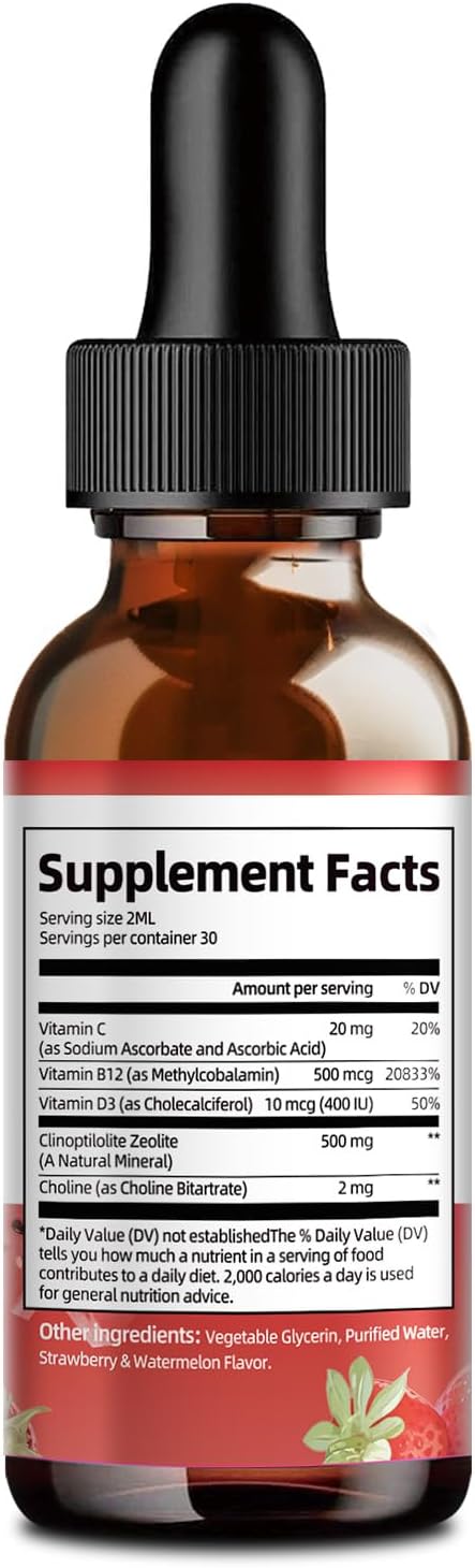Zeolite Detox Liquid Drops with B12, D3 & Vitamin C – Pure Body Cleanse Support for Heavy Metals, Natural Zeolite Formula, Strawberry Watermelon Flavor, 60ml