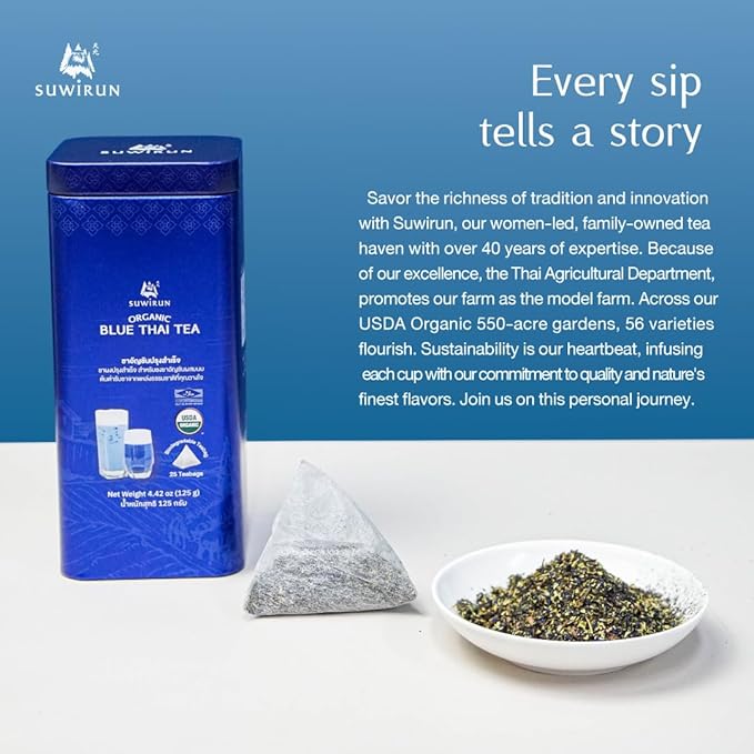 Suwirun Organic Blue Thai Tea 25 Bags โ Naturally Blue Butterfly Pea Tea โ Floral Aroma with Vanilla & Green Tea โ Great for Hot, Iced & Milk Tea