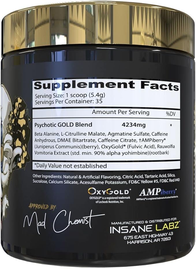 Insane Labz Psychotic Gold, High Stimulant Pre Workout Powder, Extreme Lasting Energy Focus, Pumps and Endurance with Beta Alanine, DMAE Bitartrate, NO Booster (35 Servings, Orange)
