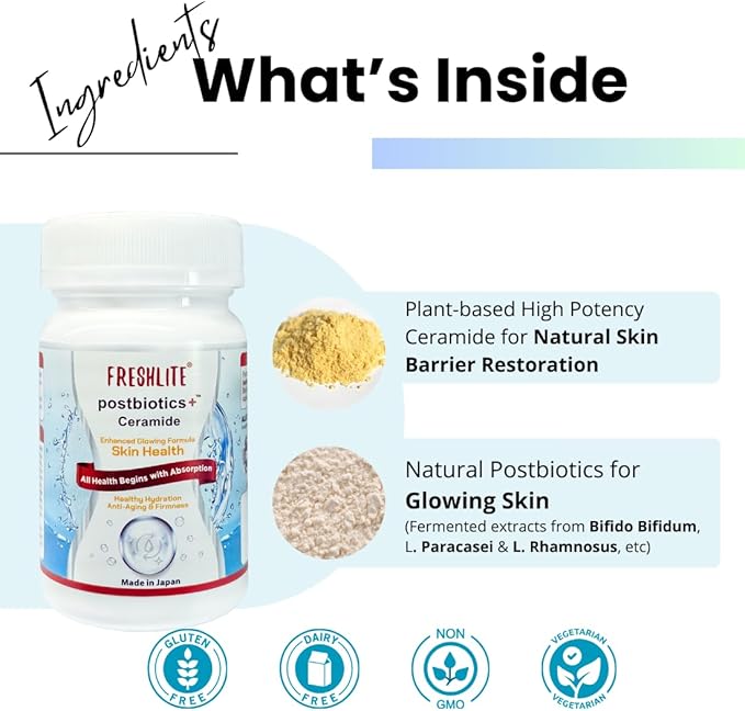FRESHLITE Japanese Clear Skin Ceramide Supplement – Plant-Based Ceramide & Postbiotics for Hydration, Barrier & Elasticity – Helps Reduce Acne & Irritation – Non-GMO, Gluten-Free, 60 Vegan Capsules