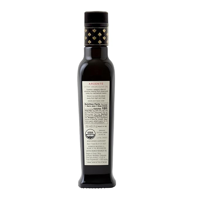 Entimio Ardente +600 mg/kg Polyphenol Rich Organic Extra Virgin Olive Oil, New 2024-2025 Early Harvest Italian Olive Oil from Sicily, Italy, 2025 Gold Winner, Cold Extracted, Lab Tested - 8.5 fl oz