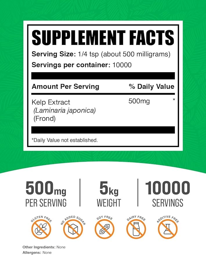 BulkSupplements.com Kelp Extract Powder - Kelp Supplement, Brown Seaweed Extract, Seaweed Powder - Gluten Free, 500mg per Serving, 1kg (2.2 lbs) (Pack of 5)