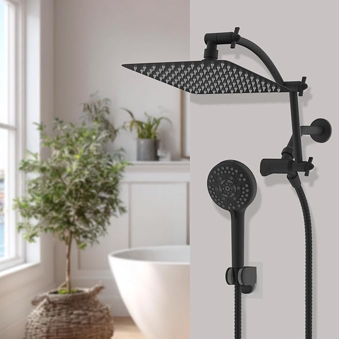Hibbent All Metal Shower Head, 10'' High Pressure Rain Shower Head/Handheld Showerhead Combo with 16'' Adjustable Extension Arm, 10 Sprays, 71'' Hose, Adhesive Showerhead Holder, Matte Black