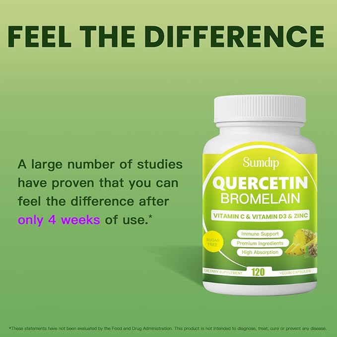 Quercetin with Bromelain Supplement for Men & Women - 120 Capsules for Immune Support Supplement, Blend with Vitamin C & Vitamin D3 & Zinc, Quercetin 500mg Capsules - Gluten Free, Vegan & Non-GMO