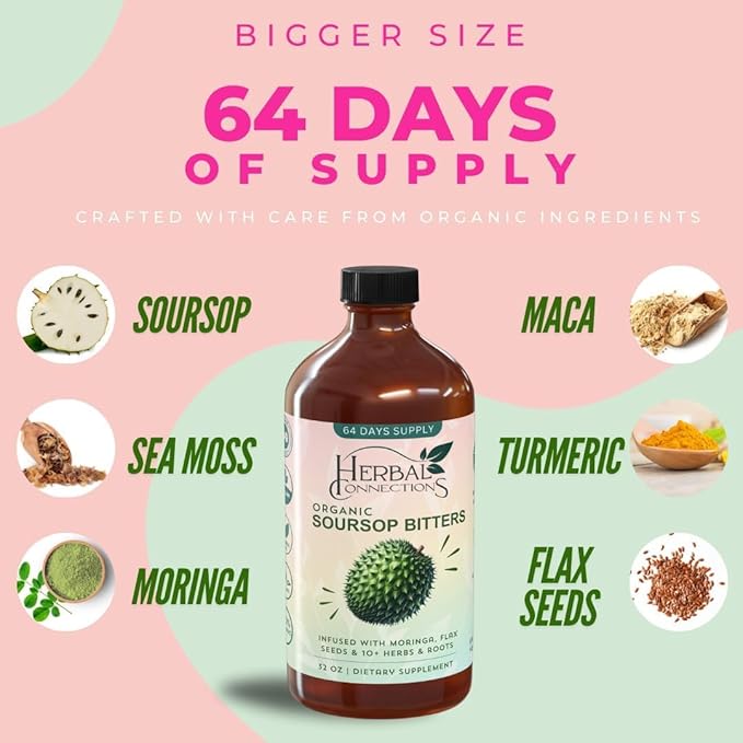 Soursop Bitters Liquid 32 Ounces - 64 Servings - 20 Herb Formula with Soursop, Moringa, Sea Moss, Turmeric, Ginger & Cayenne | Gut Health, Natural Cleanse & Daily Wellness | Vegan & Organic