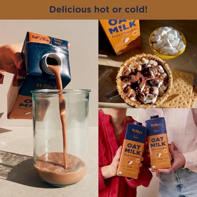 Willa's Organic Oat Milk - Chocolate Unsweetened Cacao Oatmilk, Non-GMO, Shelf Stable, Low Sugar, Non-Dairy Milk, Made from Whole Grain Oats, No Oil, No Gums, 32 Oz - Pack of 6