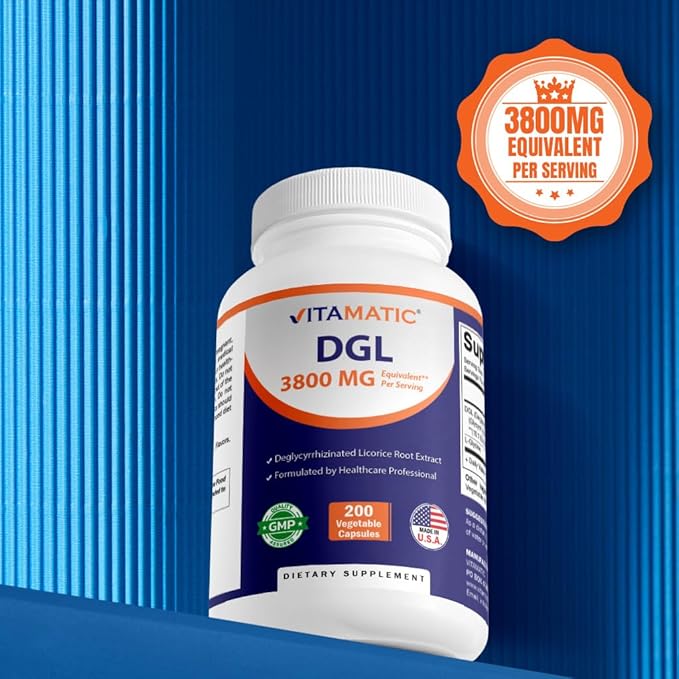 Vitamatic DGL Licorice 3800 mg Equivalent Per Serving (from 10:1 Extract 380 mg) - 10X Stronger - Supports Healthy Digestive & Respiratory Functions - 200 Capsules