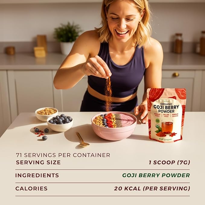 Gya Tea Co Goji Powder 1.1lb (17.64 Oz) - 100% USDA Organic Vegan Berries - Ideal for Healthy Smoothies, Tea, Baking - Antioxidant Rich Superfood for Wellness Support & Energy - Non GMO, Gluten Free