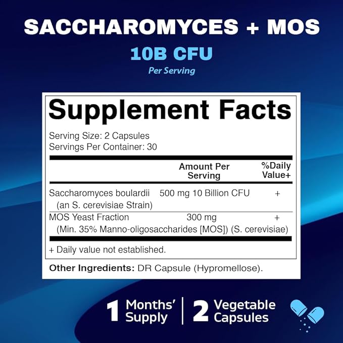 Vitamatic Saccharomyces Boulardii Probiotic 10B per Serving + Yeast Extract (MOS Yeast Fraction) 300 mg - 60 DR Capsules - Made in The USA