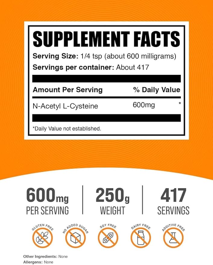 BulkSupplements.com NAC Powder - N-Acetyl Cysteine 600mg, NAC Supplement - Antioxidant Support, Gluten Free - 600mg per Serving, 417 Servings, 250g (8.8 oz) (Pack of 1)