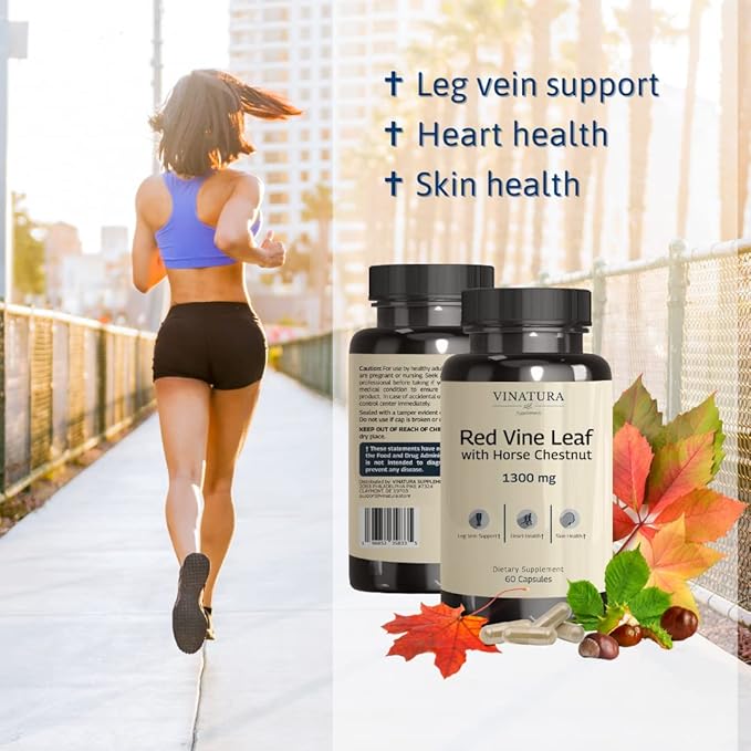 Red Vine Leaf Extract - Horse Chestnut, 1300mg/serving *USA Made and Tested* Circulation and Vein Support for Healthy Legs - Helps Blood Flow, Leg Circulation - 60 Capsules (30 Servings)
