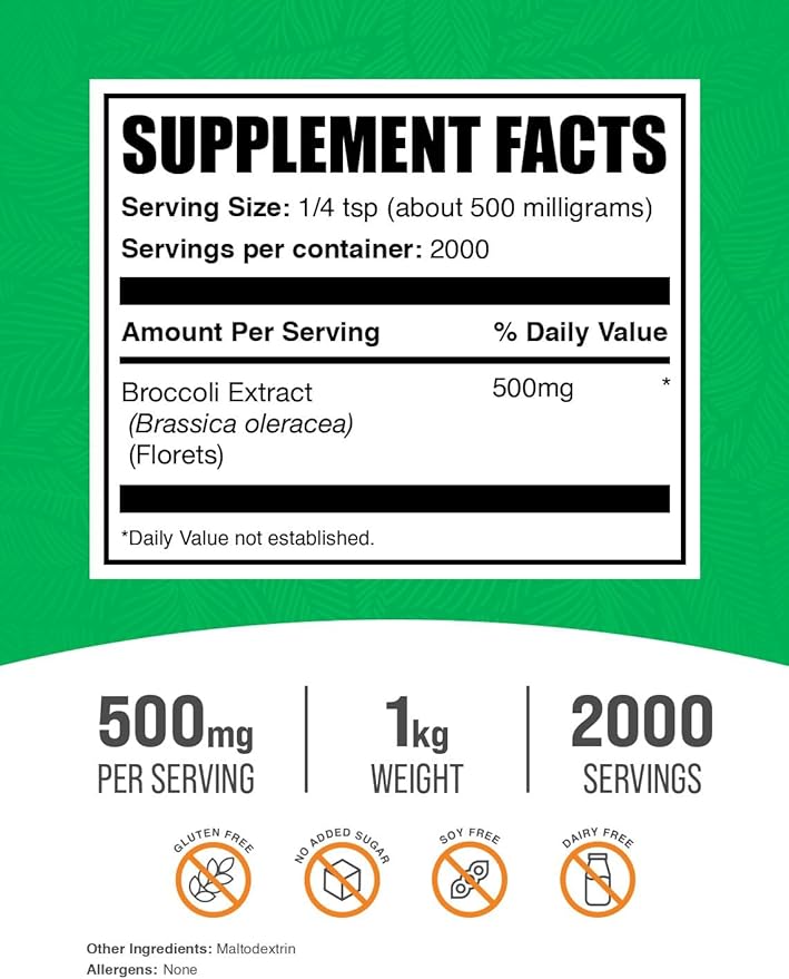 BulkSupplements.com Broccoli Extract Powder - from Broccoli Florets, Sulforaphane Supplement - Vegan & Gluten Free, 500mg per Serving, 1kg (2.2 lbs) (Pack of 1)