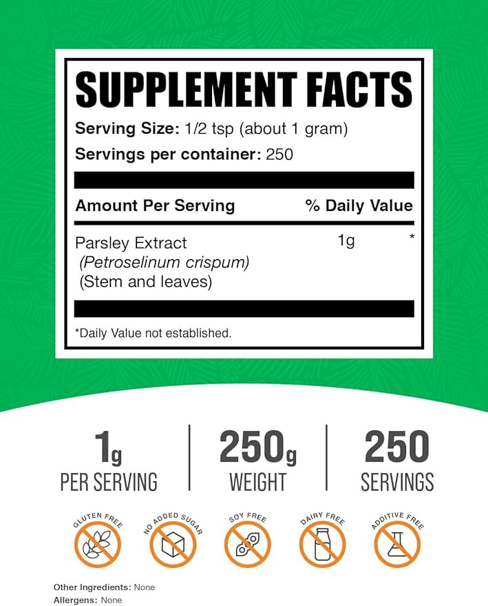 BulkSupplements.com Parsley Extract Powder - Parsley Supplement, Antioxidant Source, Herbal Supplement - Gluten Free, 1g per Serving, 250g (8.8 oz) (Pack of 1)