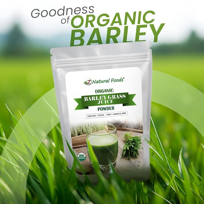 Z Natural Foods Organic Barley Grass Juice Powder - Made in USA, USDA Organic Nutrient-Dense Green Drink Mix for Energy, Detox with Amino Acids - Antioxidant Juice Blend for Water, Smoothies, 1 lb