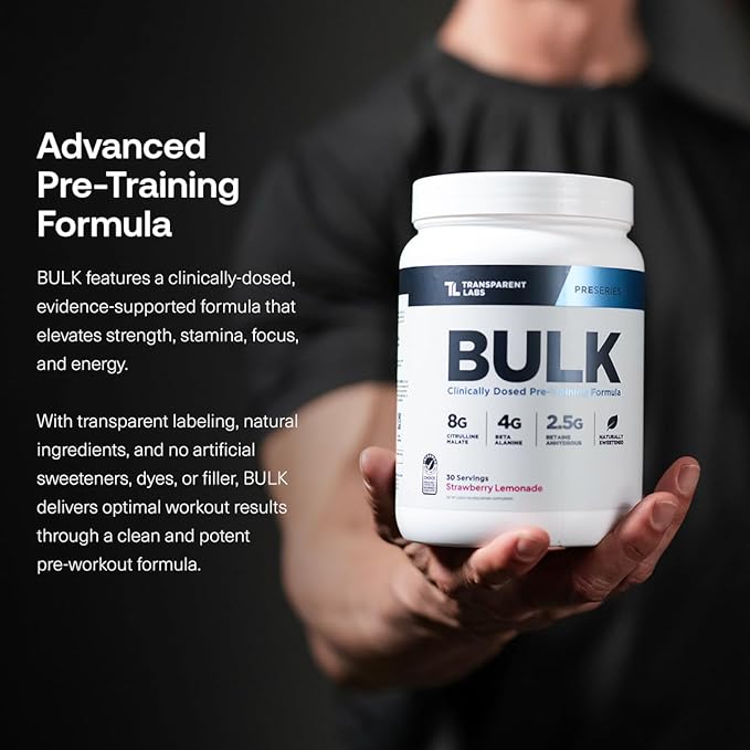Transparent Labs Bulk Pre Workout Powder - Naturally Sweetened Advanced Pre-Workout Formula for Muscle Building and Strength - 30 Servings, Peach Mango