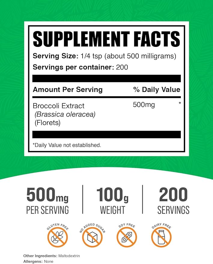 BulkSupplements.com Broccoli Extract Powder - from Broccoli Florets, Sulforaphane Supplement - Vegan & Gluten Free, 500mg per Serving, 100g (3.5 oz) (Pack of 1)