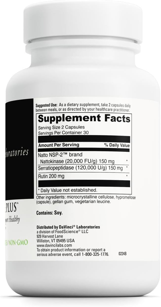 DAVINCI Labs Nattokinase Plus - High-Potency Nattokinase Supplement for Comprehensive Blood Flow Support for Men & Women - Formulated with Antioxidant Support* - 60 Vegetarian Capsules