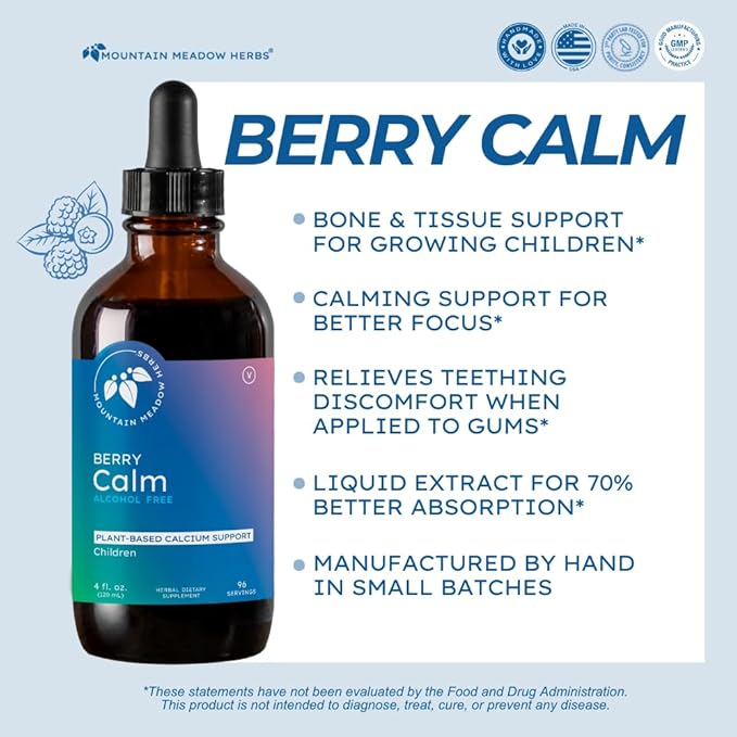 Mountain Meadow Herbs Berry Calm for Kids – Herbal Calcium Supplement for Strong Bones, Teeth, Focus & Relaxation, Great Tasting Liquid Formula, 4 oz