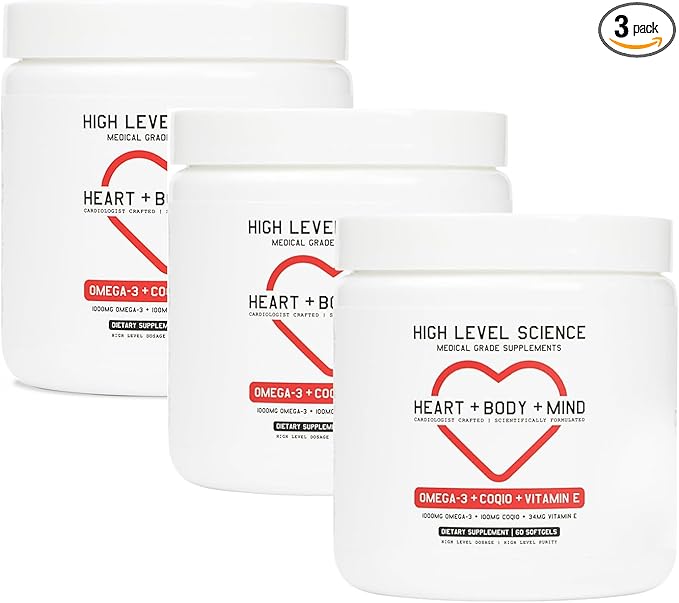 High Level Science CoQ10, Omega-3, Vitamin E, Cardiologist Formulated for Heart + Body + Mind Health, DHA/EPA, Antioxidant for Energy, Superior Bioavailable Fish Oil, Gluten Free, 60 Softgels - 3 Pack