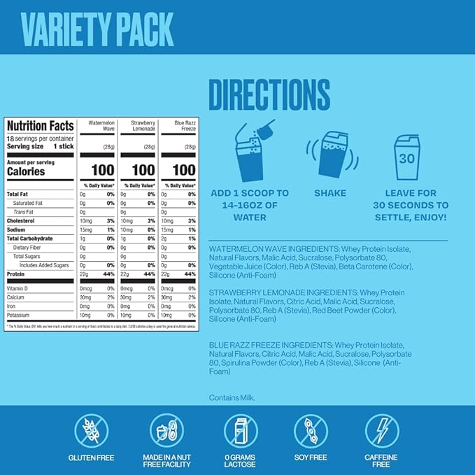SEEQ Clear Protein Powder Sample Pack - 18 On-The-Go Sticks - 22g Clear Whey Protein Isolate - Zero Sugar - 0g Lactose - Allergen Friendly - GLP1 Support - Bone Health - Post Workout Recovery