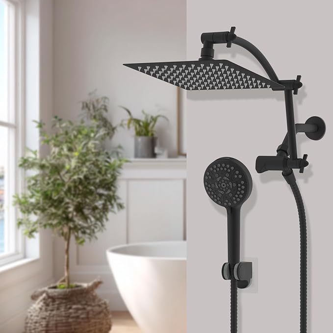 Hibbent All Metal Shower Head, 8'' High Pressure Rain Shower Head/Handheld Showerhead Combo with 16'' Adjustable Arc-shaped Extension Arm, 10 Sprays, 71'' Hose, Showerhead Holder, Matte Black