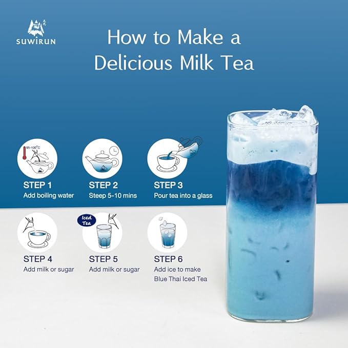 Suwirun Organic Blue Thai Tea 25 Bags โ Naturally Blue Butterfly Pea Tea โ Floral Aroma with Vanilla & Green Tea โ Great for Hot, Iced & Milk Tea