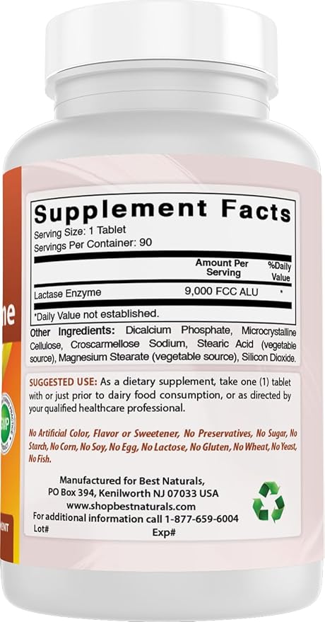 Best Naturals Lactose Intolerance Relief Tablets with Natural Lactase Enzyme, Fast Acting High Potency Lactase, 9000 FCC ALU, 90 Count