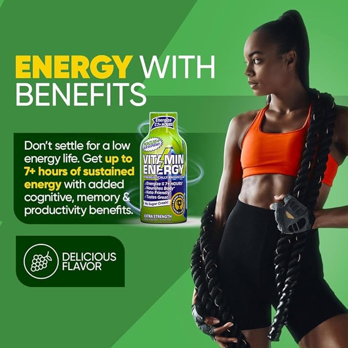 Vitamin Energy Focus+ Extra Strength Energy Shot Blue Raspberry 48 Pack, 260mg Natural Caffeine, B-Vitamins, CoQ10, Amino Acids, Focus, Productivity & Clarity, Zero Sugar, Gluten-Free, 1.93 fl oz
