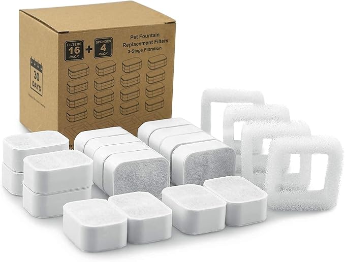 20 Pack Ceramic Cat Water Fountain Replacement Filters - 16 Pet Fountain and 4 Foam Filters for Tritone/Fiumi Ceramic Pet Lotus Drinking Fountain