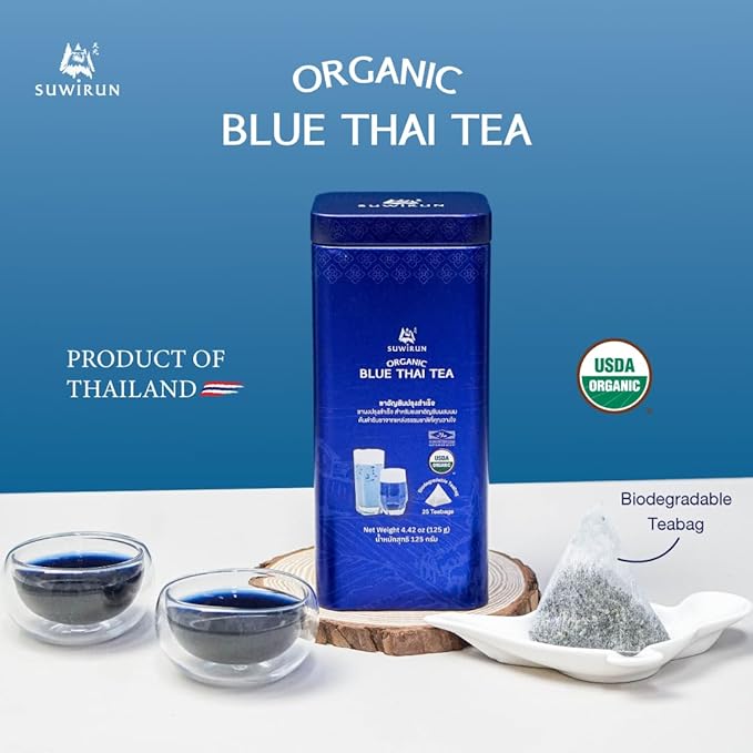 Suwirun Organic Blue Thai Tea 25 Bags โ Naturally Blue Butterfly Pea Tea โ Floral Aroma with Vanilla & Green Tea โ Great for Hot, Iced & Milk Tea