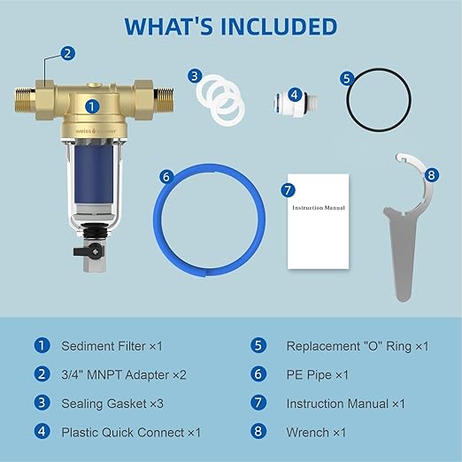 Weisswasser Sediment Filter, 90 Micron Reusable Spin Down Sediment Water Filter with Anti-Clog Disc Filtration, Pre-Filtration, Whole House Water Filter for Well Water, 3/4" MNPT