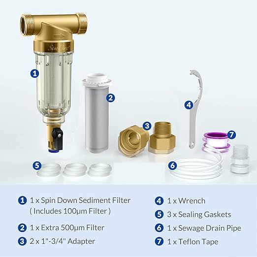 SimPure 100/500 Micron Spin Down Sediment Filter, Reusable Whole House Sediment Water Filter, Pre-Filtration System for City/Well water, 1" MNPT + 3/4" FNPT + 3/4"MNPT, BPA Free