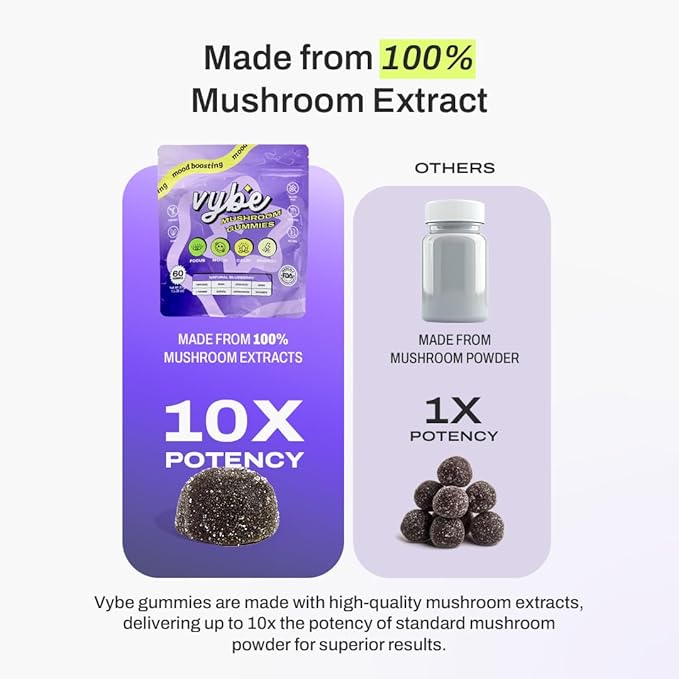 Vybe Daily Nootropic Gummies – 8-in-1 Mushroom & Adaptogen Brain Supplement for Focus, Energy, and Mood with Lion's Mane, Cordyceps, Reishi, Chaga, Ashwagandha (Blueberry, 60-Count)