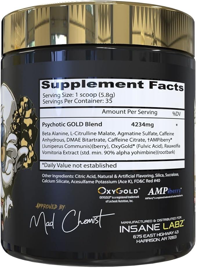 Insane Labz Psychotic Gold, High Stimulant Pre Workout Powder, Extreme Lasting Energy Focus, Pumps and Endurance with Beta Alanine, DMAE Bitartrate, NO Booster (35 Servings, Gummy Candy)