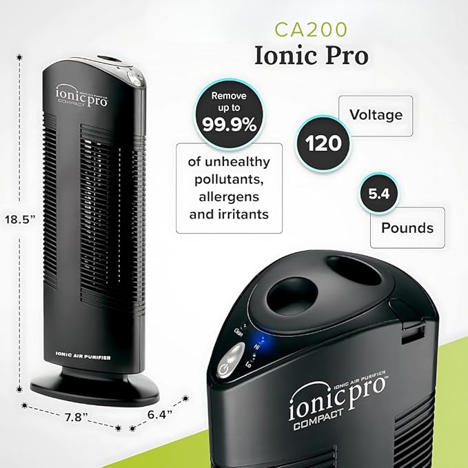 Ionic Pro Compact (CA200) Ionic Air Purifier Tower for Home, Quiet Ionic Filterless Design, Covers Up to 200 Sq. Ft., Removes Odors, Smoke, Dust, and Allergens – Black