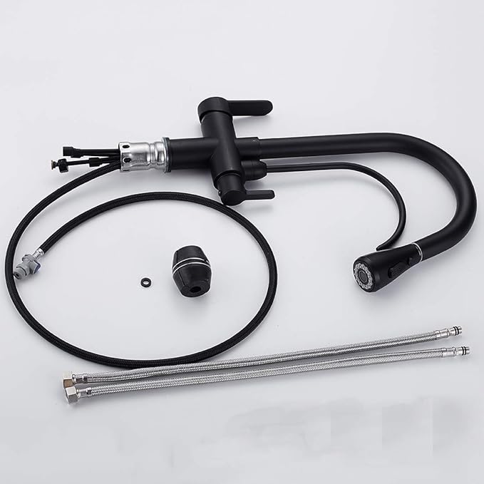 WANFAN Kitchen Sink Faucet with Pull Down Sprayer 2 Handle 3 in 1 Water Filter Purifier Faucets Black 0195R