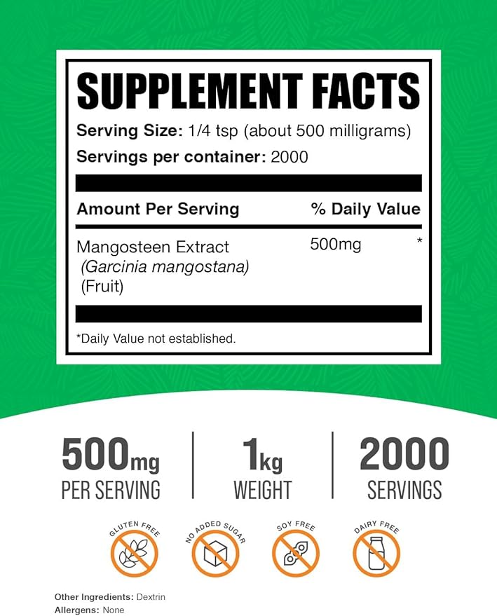 BulkSupplements.com Mangosteen Extract Powder - Superfood Supplement, from Mangosteen Fruit - Gluten Free, 500mg per Serving, 1kg (2.2 lbs) (Pack of 1)