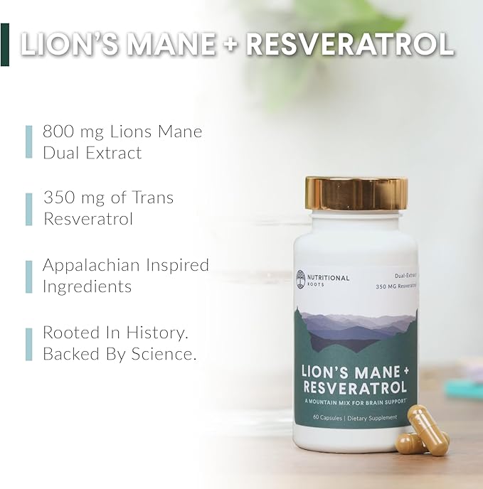 Lion’s Mane + Resveratrol - With 800mg Lion’s Mane Extract & 350mg Trans-Resveratrol Per Serving - Supports Brain & Heart Health - Dietary Supplement - 1 Month Supply - 60 Capsules