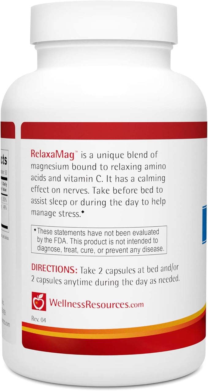 Wellness Resources RelaxaMag - with Magnesium Glycinate for Sleep, Stress, and Relaxation - High Potency 100mg Elemental Magnesium Per Capsule (100 Capsules)